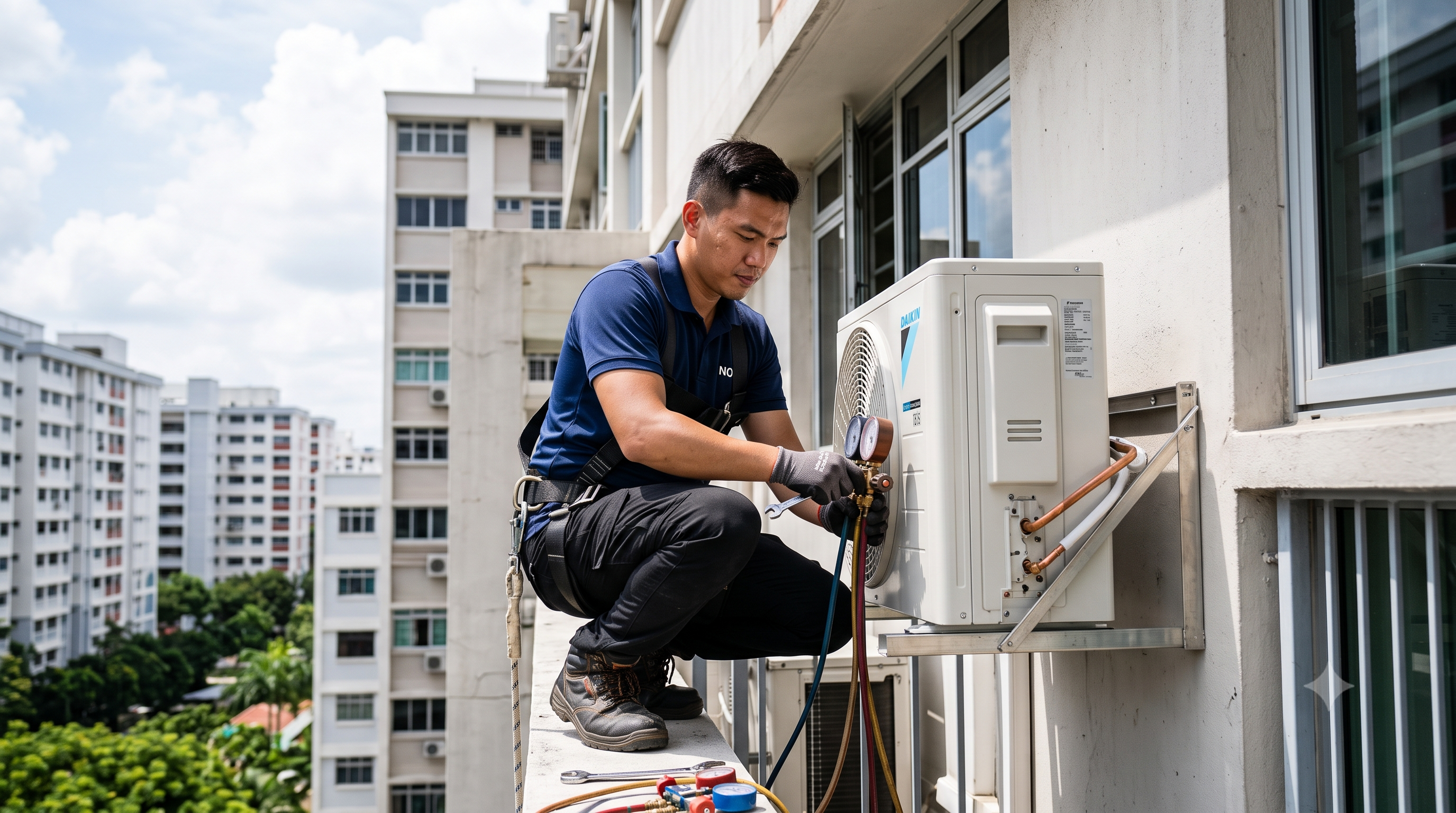 M&E installation work, aircon outdoor units, or technicians
